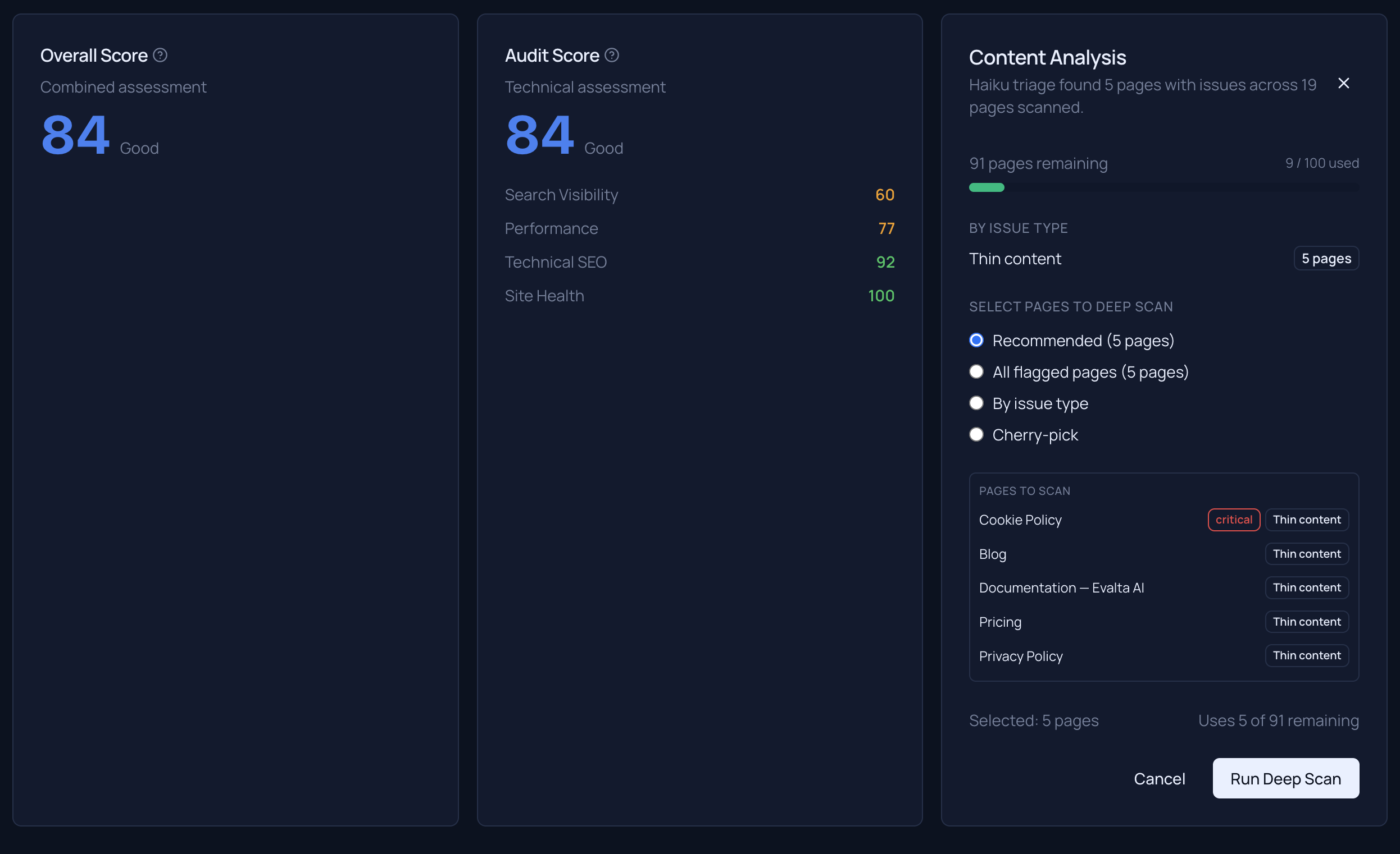 Evalta content tab showing content scores and issues per page