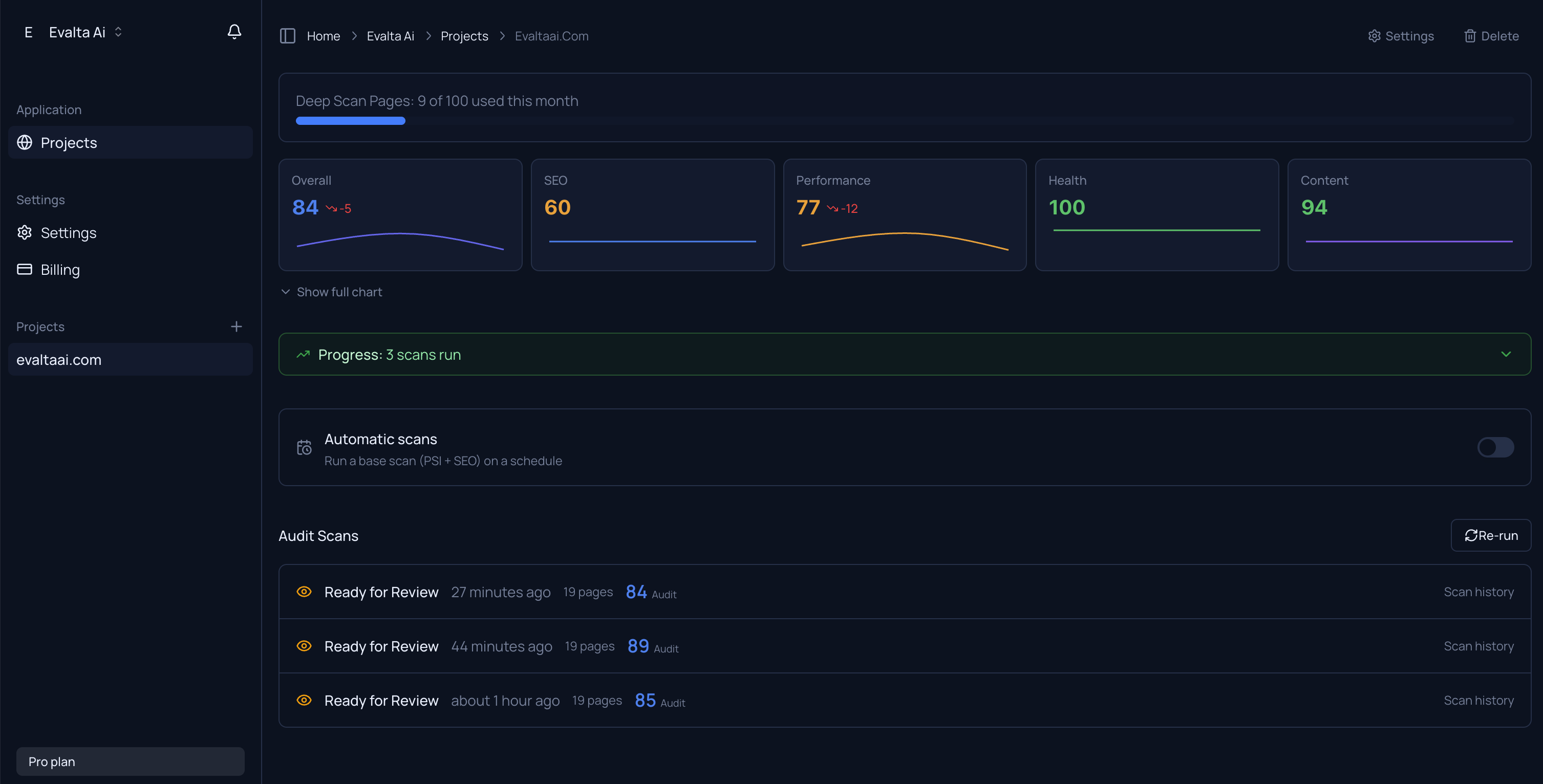 Evalta score history chart showing improvement over multiple scans